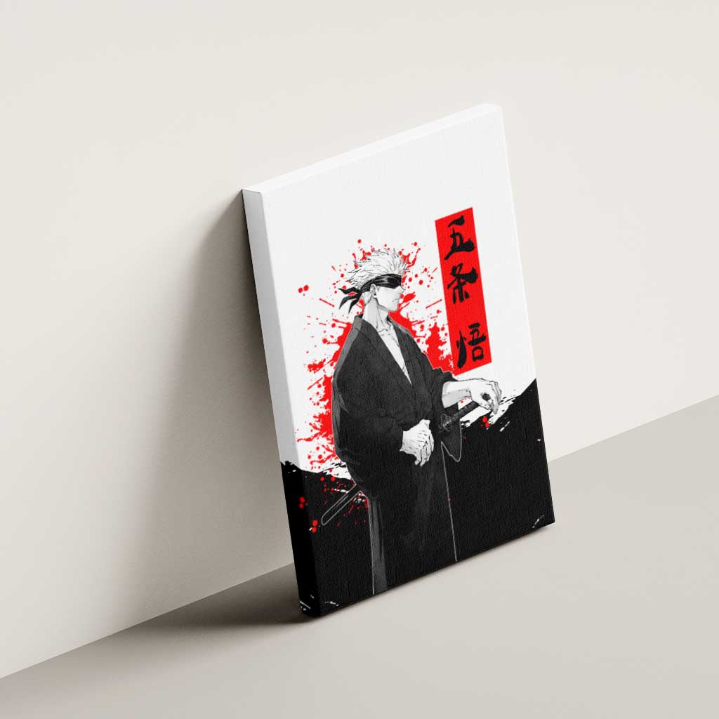 Satoru Gojo Jujutsu Kaisen Samurai Style Canvas Wall Art with Katana, Red Kanji and Oni Mask Illustration - The Mazicc