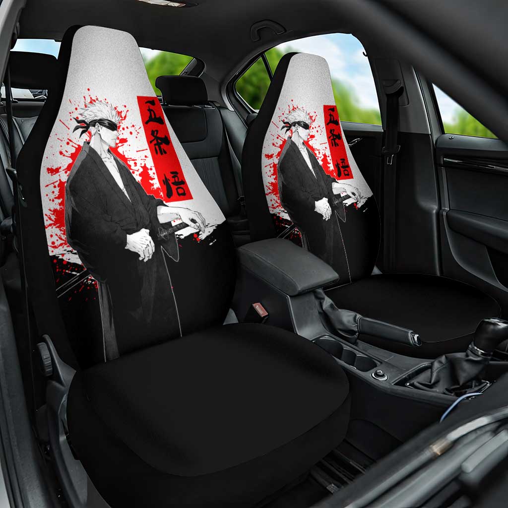 Satoru Gojo Jujutsu Kaisen Samurai Style Car Seat Cover with Katana, Red Kanji and Oni Mask Illustration - The Mazicc