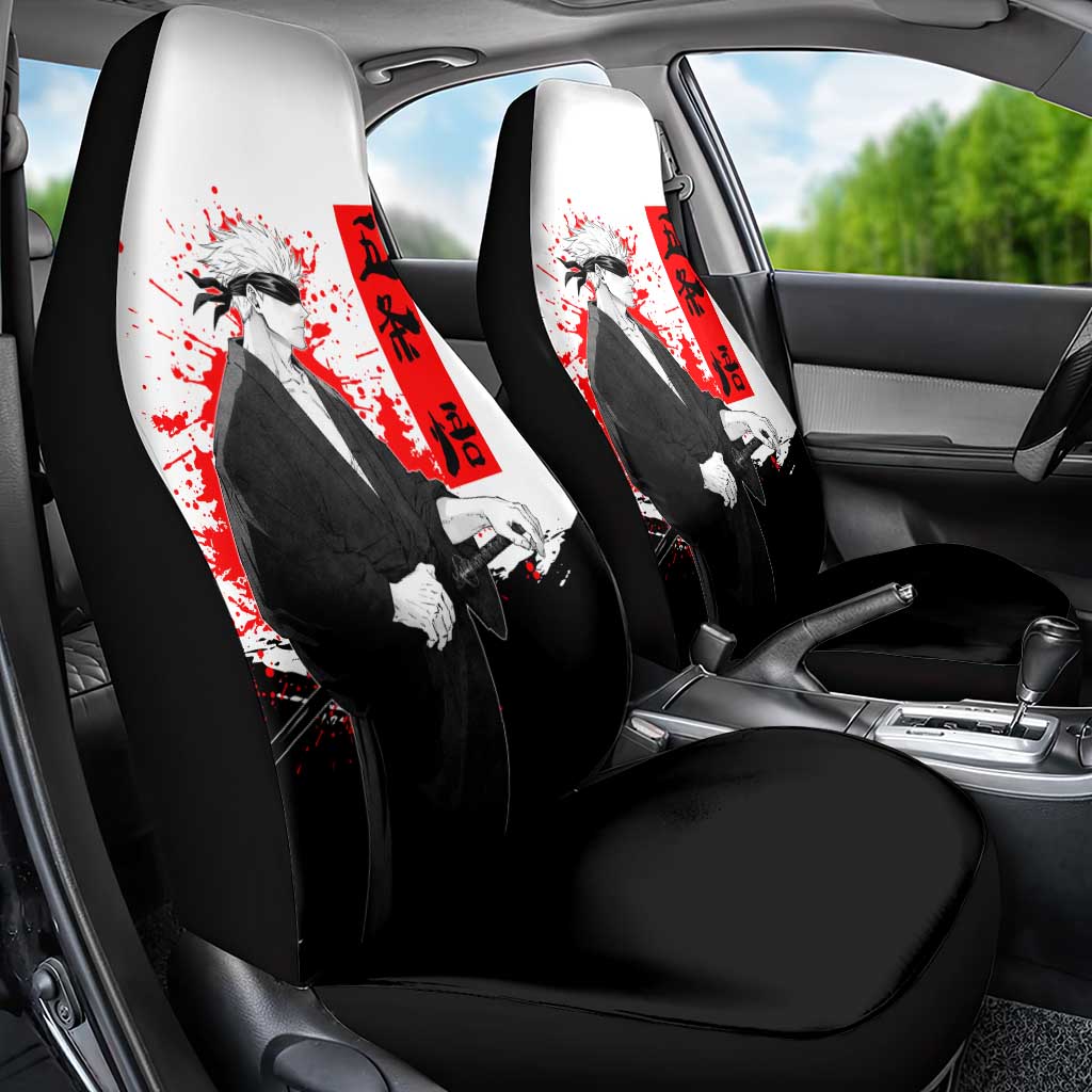 Satoru Gojo Jujutsu Kaisen Samurai Style Car Seat Cover with Katana, Red Kanji and Oni Mask Illustration - The Mazicc