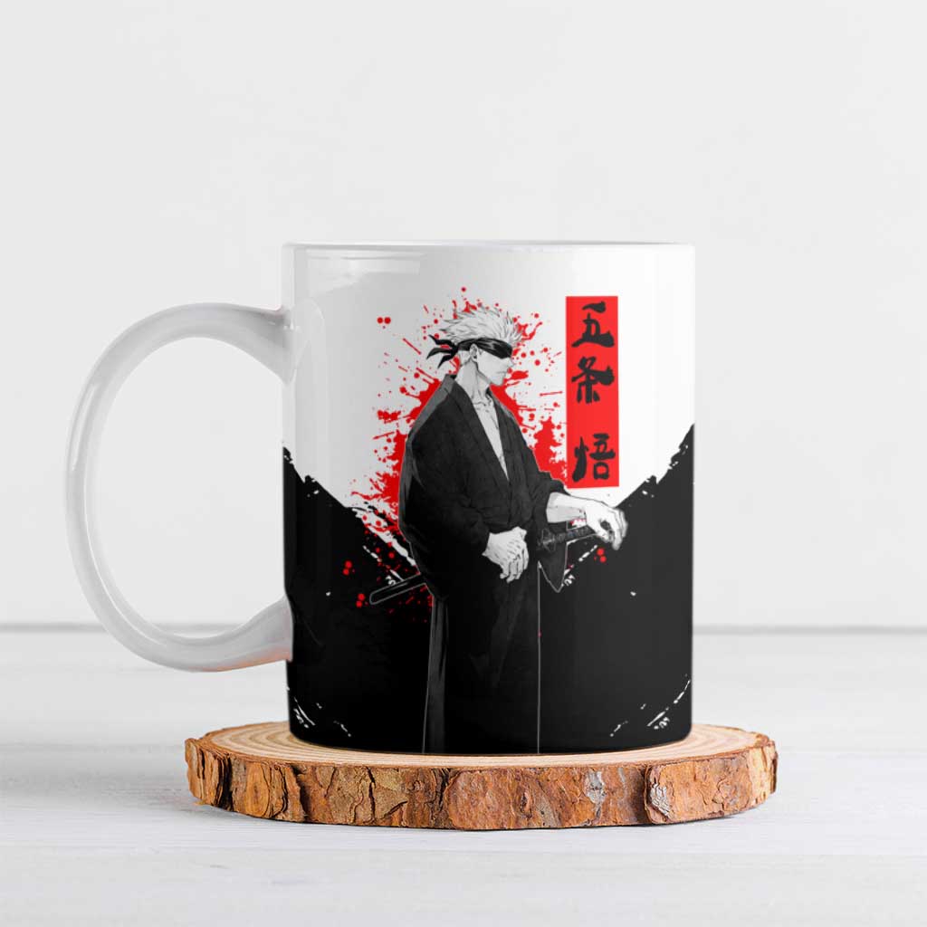 Satoru Gojo Jujutsu Kaisen Samurai Style Ceramic Mug with Katana, Red Kanji and Oni Mask Illustration - The Mazicc