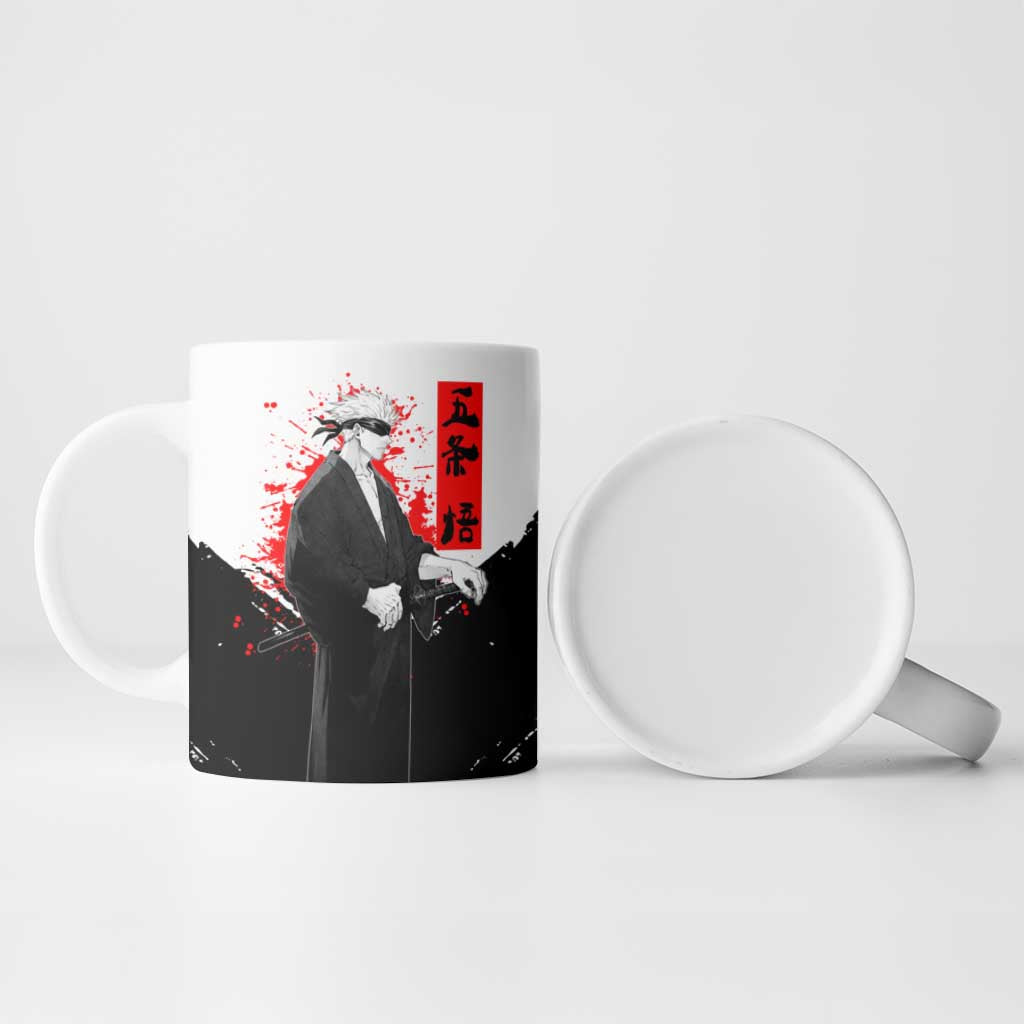 Satoru Gojo Jujutsu Kaisen Samurai Style Ceramic Mug with Katana, Red Kanji and Oni Mask Illustration - The Mazicc