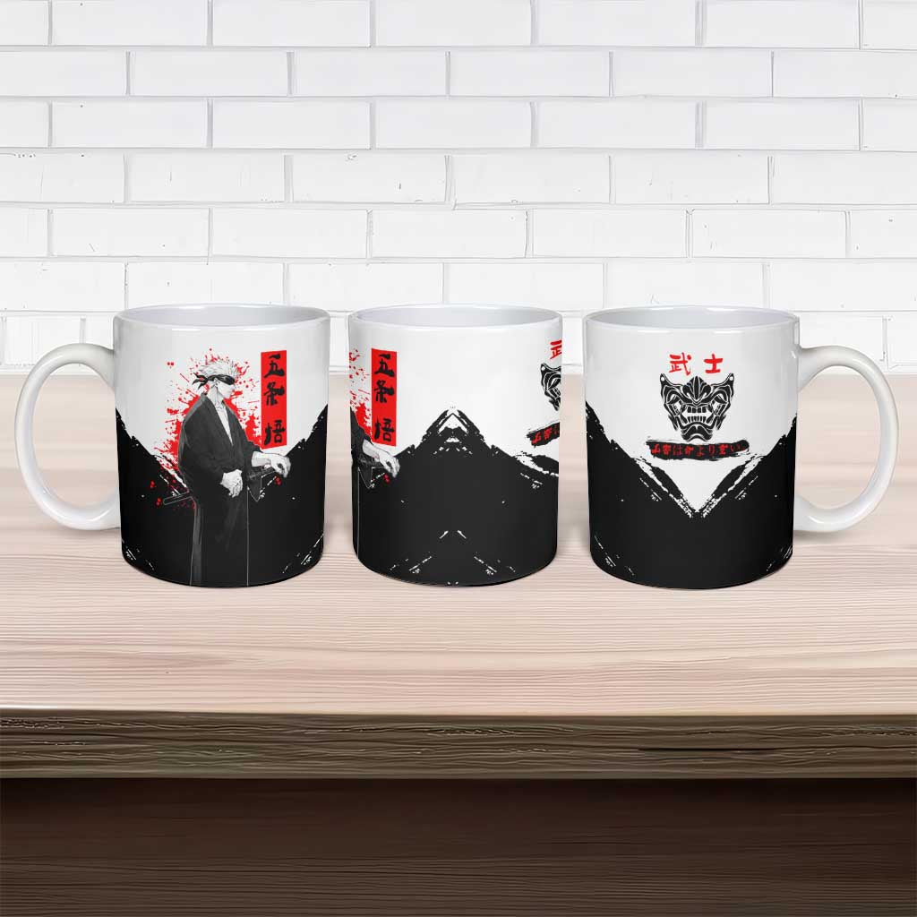 Satoru Gojo Jujutsu Kaisen Samurai Style Ceramic Mug with Katana, Red Kanji and Oni Mask Illustration - The Mazicc