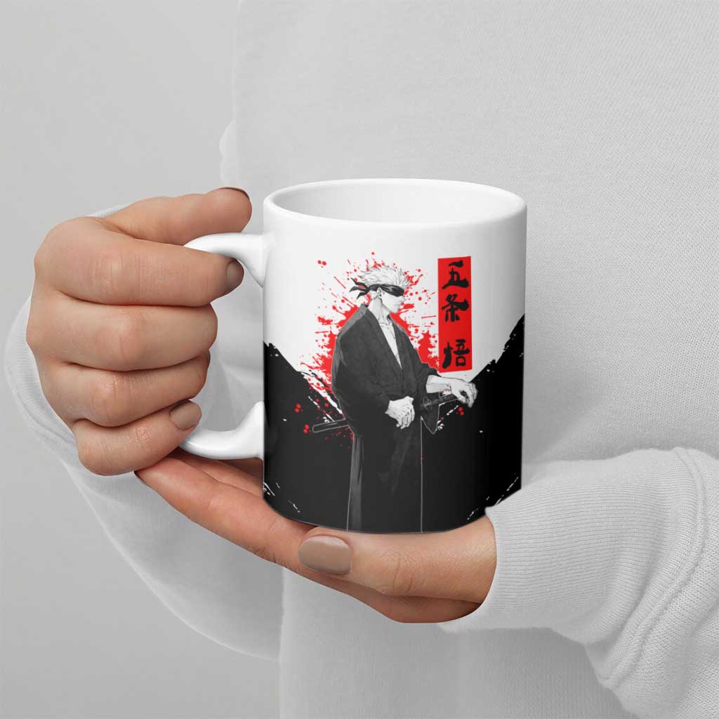 Satoru Gojo Jujutsu Kaisen Samurai Style Ceramic Mug with Katana, Red Kanji and Oni Mask Illustration - The Mazicc