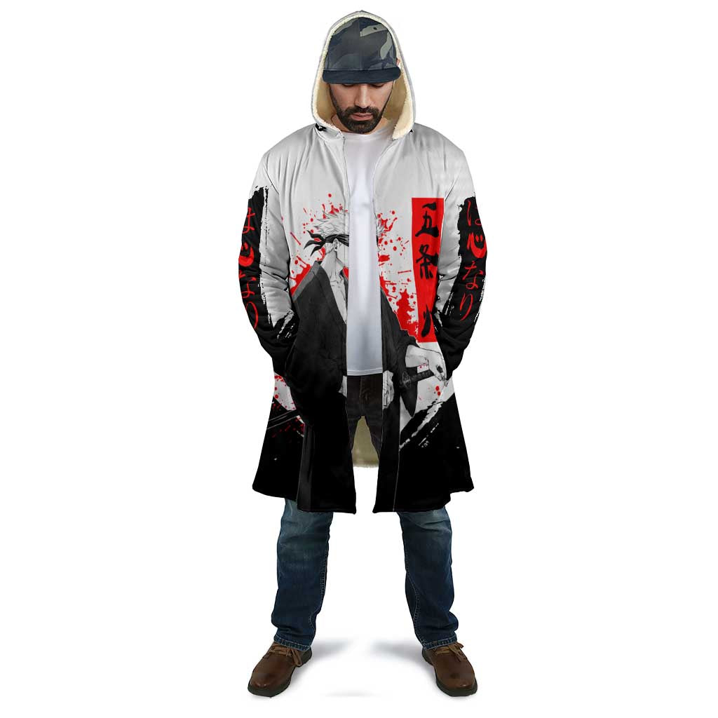Satoru Gojo Jujutsu Kaisen Samurai Style Cloak with Katana, Red Kanji and Oni Mask Illustration - The Mazicc