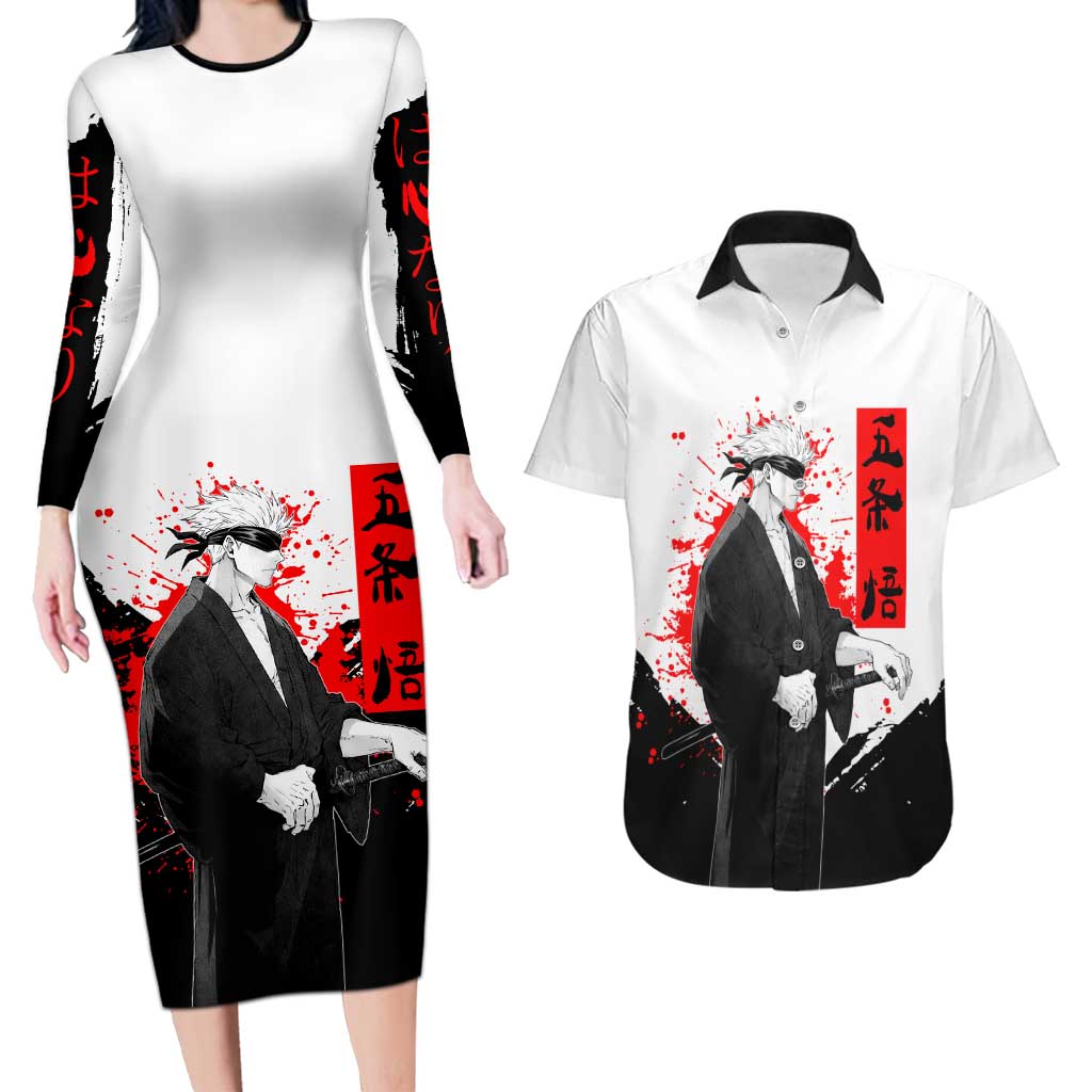 Satoru Gojo Jujutsu Kaisen Samurai Style Couples Matching Long Sleeve Bodycon Dress and Hawaiian Shirt with Katana, Red Kanji and Oni Mask Illustration - The Mazicc