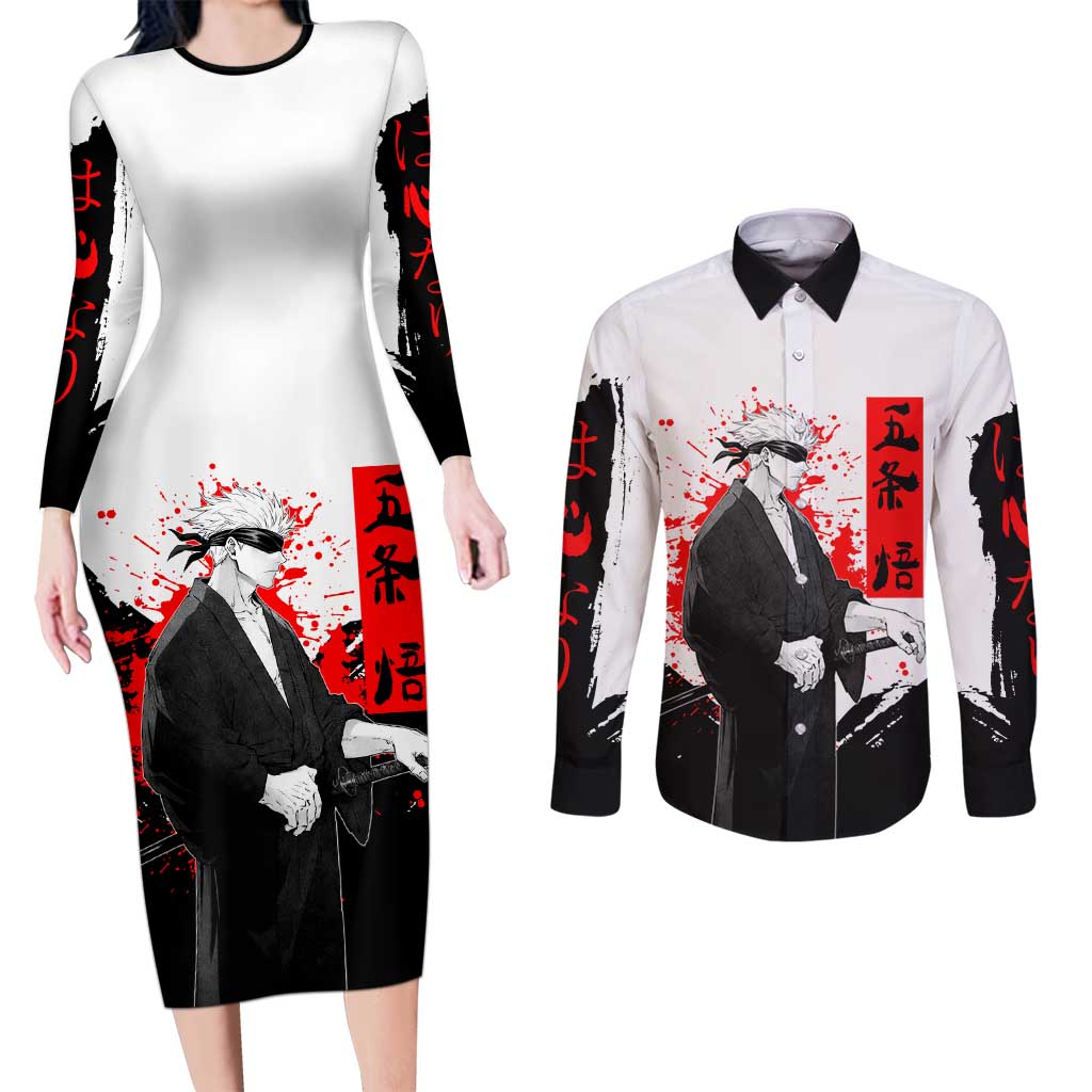 Satoru Gojo Jujutsu Kaisen Samurai Style Couples Matching Long Sleeve Bodycon Dress and Long Sleeve Button Shirt with Katana, Red Kanji and Oni Mask Illustration - The Mazicc