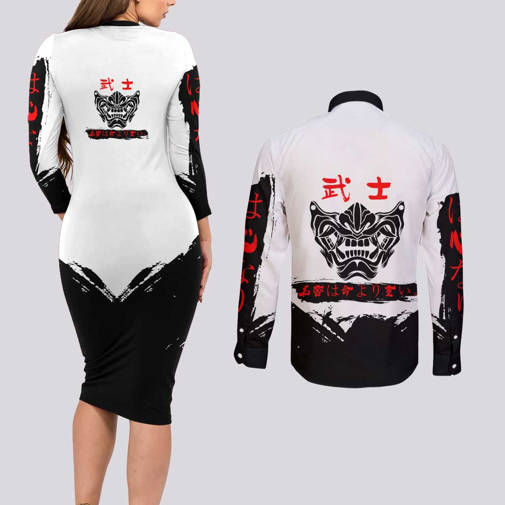 Satoru Gojo Jujutsu Kaisen Samurai Style Couples Matching Long Sleeve Bodycon Dress and Long Sleeve Button Shirt with Katana, Red Kanji and Oni Mask Illustration - The Mazicc