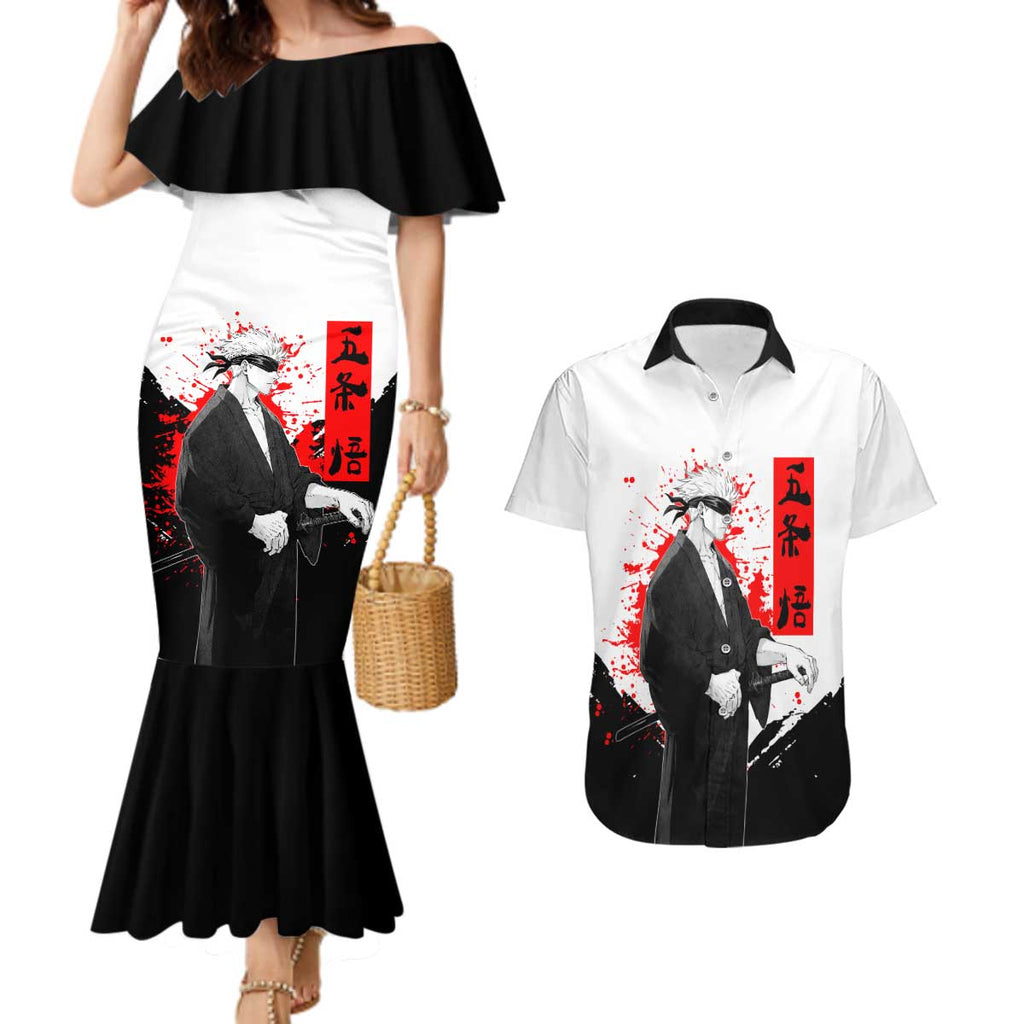Satoru Gojo Jujutsu Kaisen Samurai Style Couples Matching Mermaid Dress and Hawaiian Shirt with Katana, Red Kanji and Oni Mask Illustration - The Mazicc