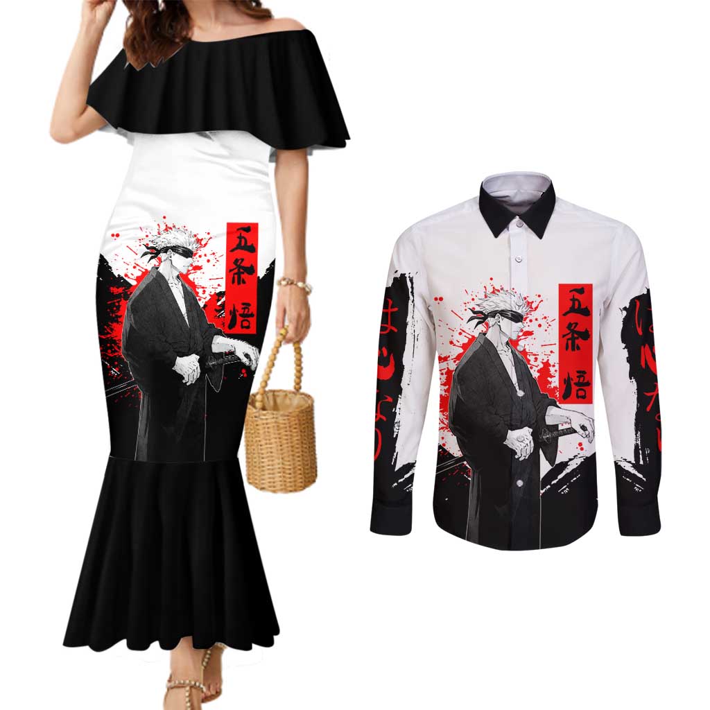 Satoru Gojo Jujutsu Kaisen Samurai Style Couples Matching Mermaid Dress and Long Sleeve Button Shirt with Katana, Red Kanji and Oni Mask Illustration - The Mazicc