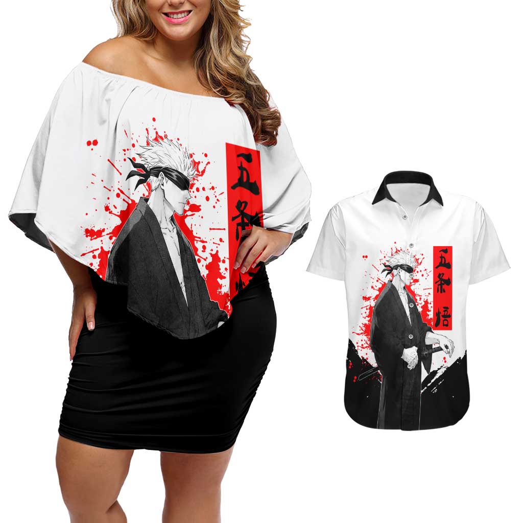 Satoru Gojo Jujutsu Kaisen Samurai Style Couples Matching Off Shoulder Short Dress and Hawaiian Shirt with Katana, Red Kanji and Oni Mask Illustration - The Mazicc
