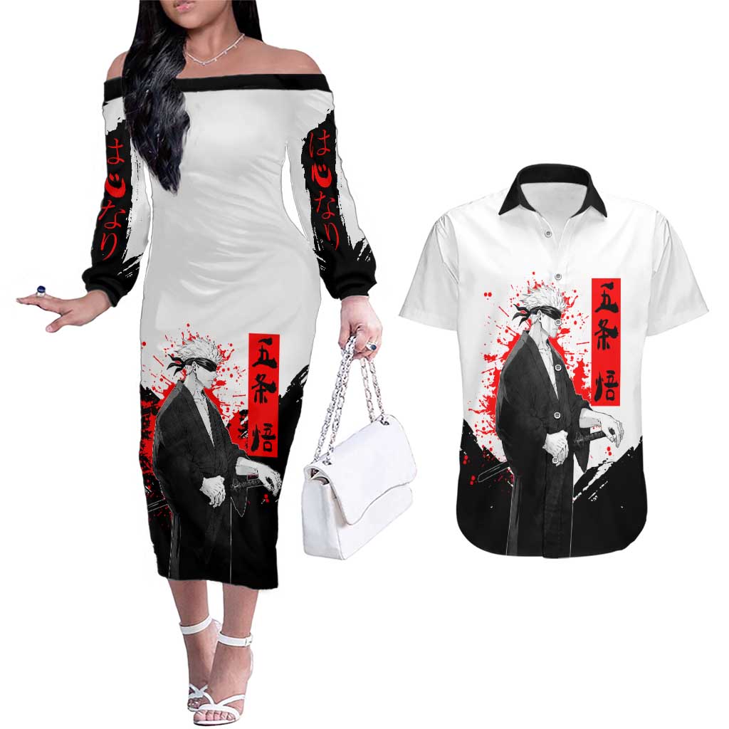Satoru Gojo Jujutsu Kaisen Samurai Style Couples Matching Off The Shoulder Long Sleeve Dress and Hawaiian Shirt with Katana, Red Kanji and Oni Mask Illustration - The Mazicc