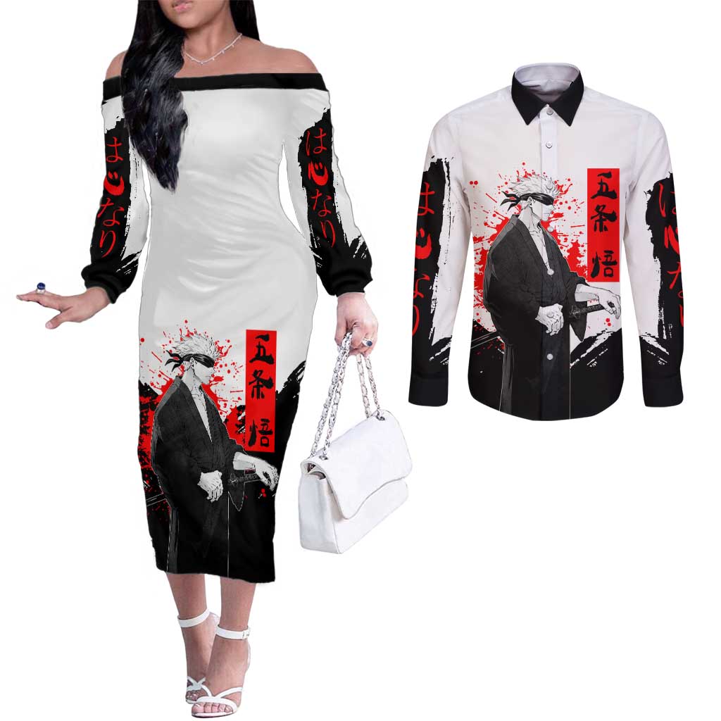 Satoru Gojo Jujutsu Kaisen Samurai Style Couples Matching Off The Shoulder Long Sleeve Dress and Long Sleeve Button Shirt with Katana, Red Kanji and Oni Mask Illustration - The Mazicc