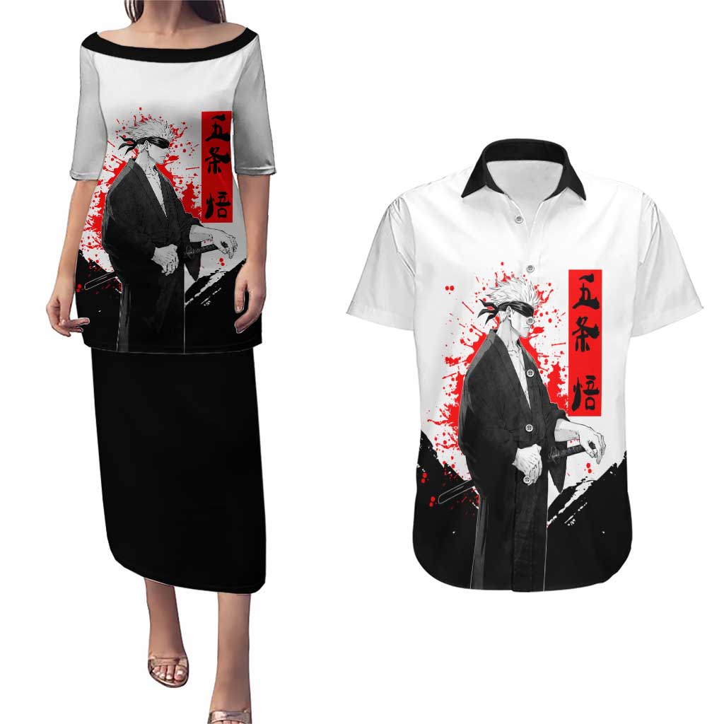 Satoru Gojo Jujutsu Kaisen Samurai Style Couples Matching Puletasi and Hawaiian Shirt with Katana, Red Kanji and Oni Mask Illustration - The Mazicc