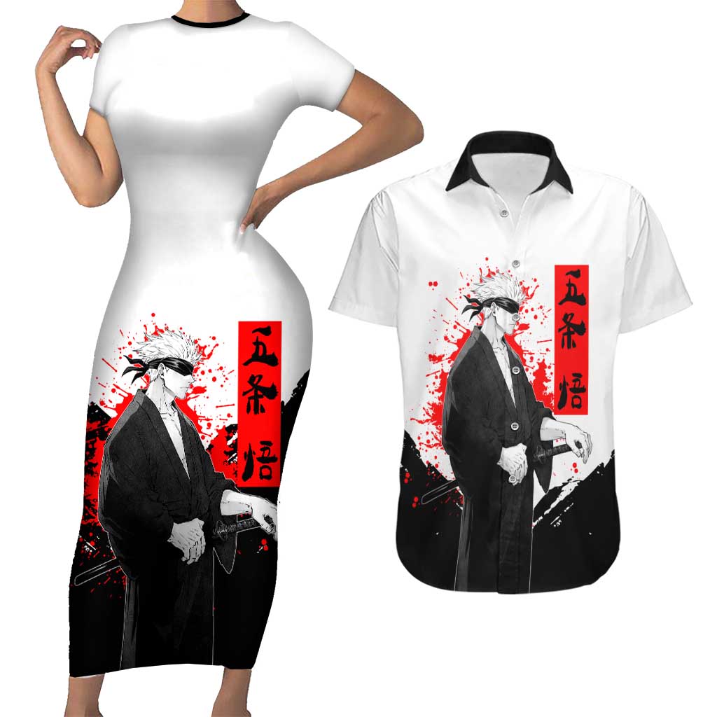 Satoru Gojo Jujutsu Kaisen Samurai Style Couples Matching Short Sleeve Bodycon Dress and Hawaiian Shirt with Katana, Red Kanji and Oni Mask Illustration - The Mazicc