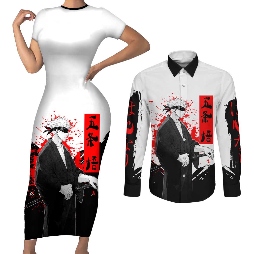 Satoru Gojo Jujutsu Kaisen Samurai Style Couples Matching Short Sleeve Bodycon Dress and Long Sleeve Button Shirt with Katana, Red Kanji and Oni Mask Illustration - The Mazicc