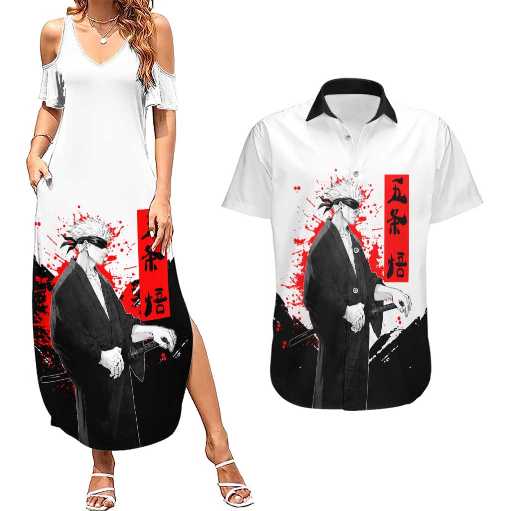 Satoru Gojo Jujutsu Kaisen Samurai Style Couples Matching Summer Maxi Dress and Hawaiian Shirt with Katana, Red Kanji and Oni Mask Illustration - The Mazicc