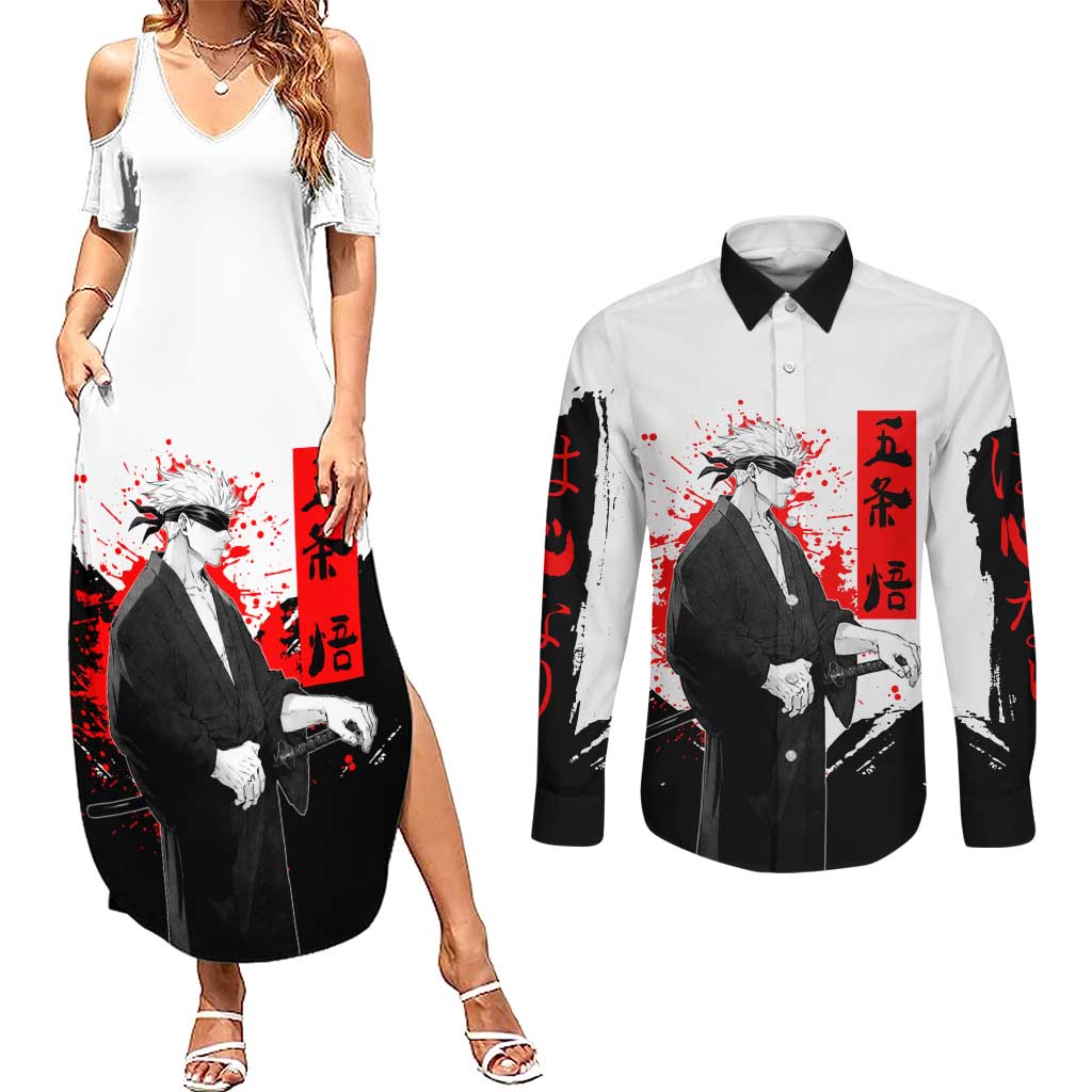 Satoru Gojo Jujutsu Kaisen Samurai Style Couples Matching Summer Maxi Dress and Long Sleeve Button Shirt with Katana, Red Kanji and Oni Mask Illustration - The Mazicc