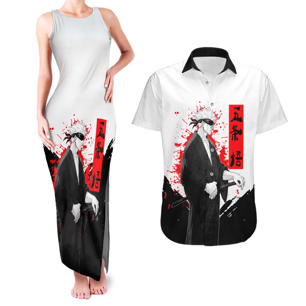 Satoru Gojo Jujutsu Kaisen Samurai Style Couples Matching Tank Maxi Dress and Hawaiian Shirt with Katana, Red Kanji and Oni Mask Illustration - The Mazicc