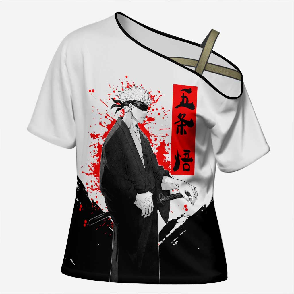 Satoru Gojo Jujutsu Kaisen Samurai Style Cross Shoulder Shirt with Katana, Red Kanji and Oni Mask Illustration - The Mazicc