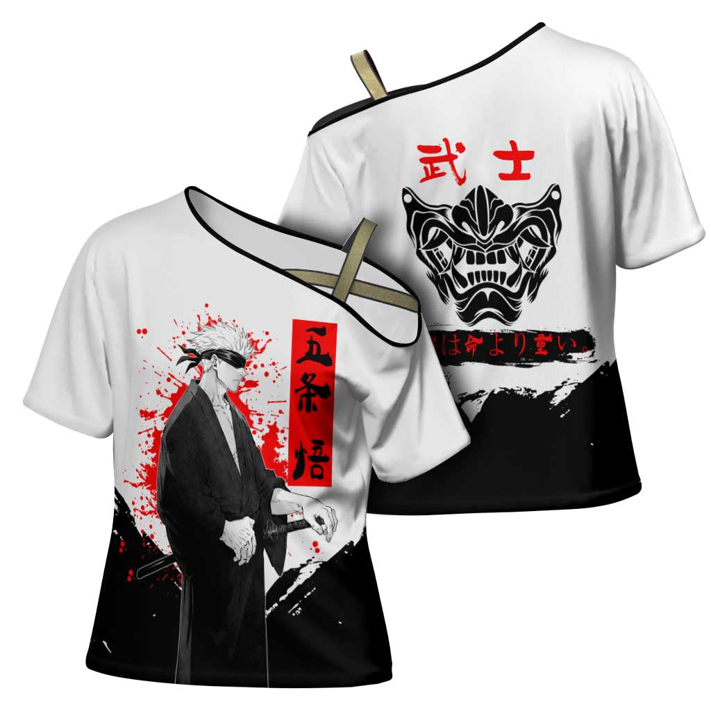 Satoru Gojo Jujutsu Kaisen Samurai Style Cross Shoulder Shirt with Katana, Red Kanji and Oni Mask Illustration - The Mazicc
