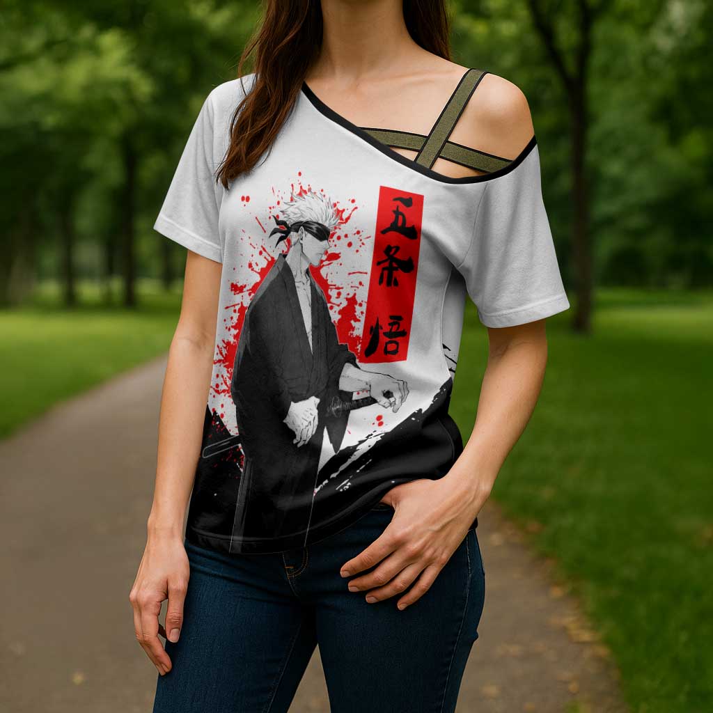 Satoru Gojo Jujutsu Kaisen Samurai Style Cross Shoulder Shirt with Katana, Red Kanji and Oni Mask Illustration - The Mazicc