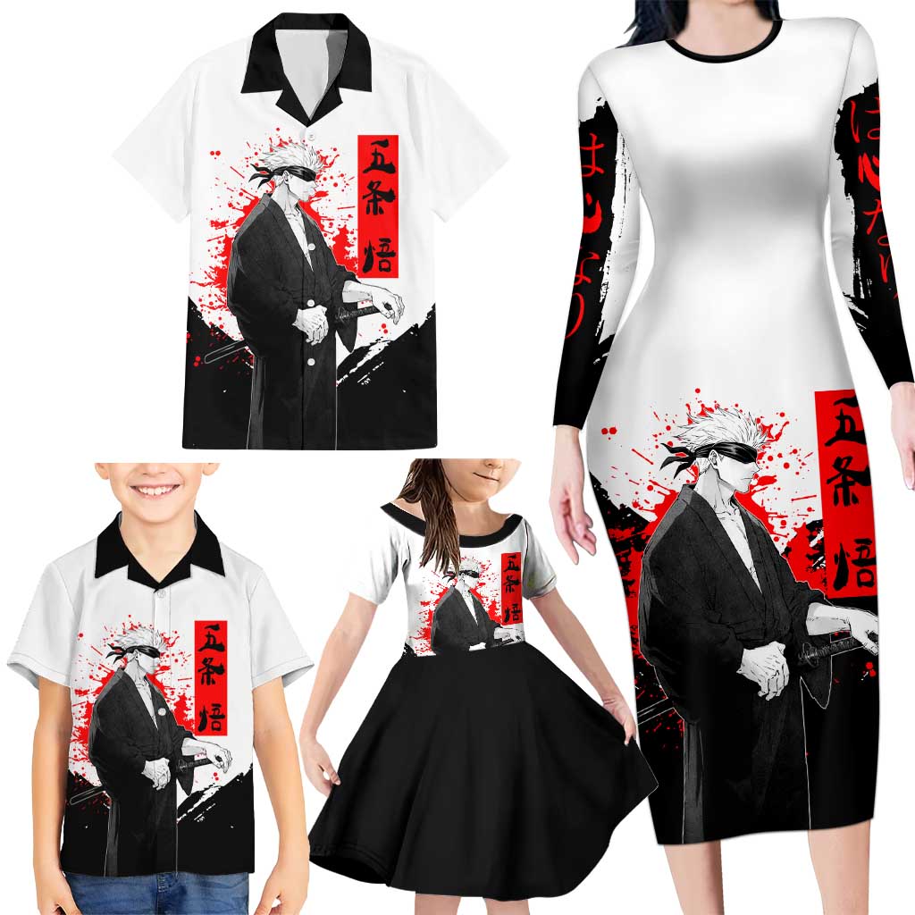 Satoru Gojo Jujutsu Kaisen Samurai Style Family Matching Long Sleeve Bodycon Dress and Hawaiian Shirt with Katana, Red Kanji and Oni Mask Illustration
