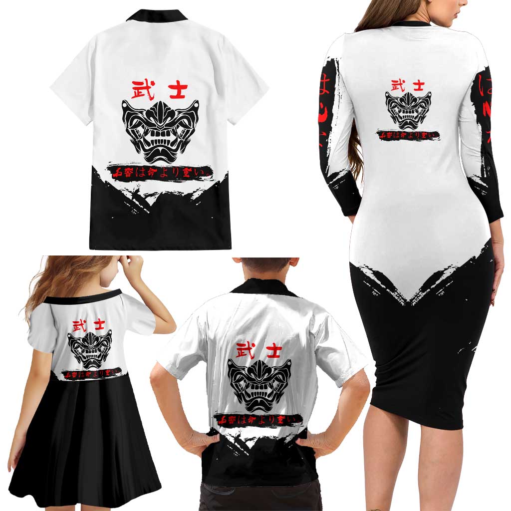 Satoru Gojo Jujutsu Kaisen Samurai Style Family Matching Long Sleeve Bodycon Dress and Hawaiian Shirt with Katana, Red Kanji and Oni Mask Illustration