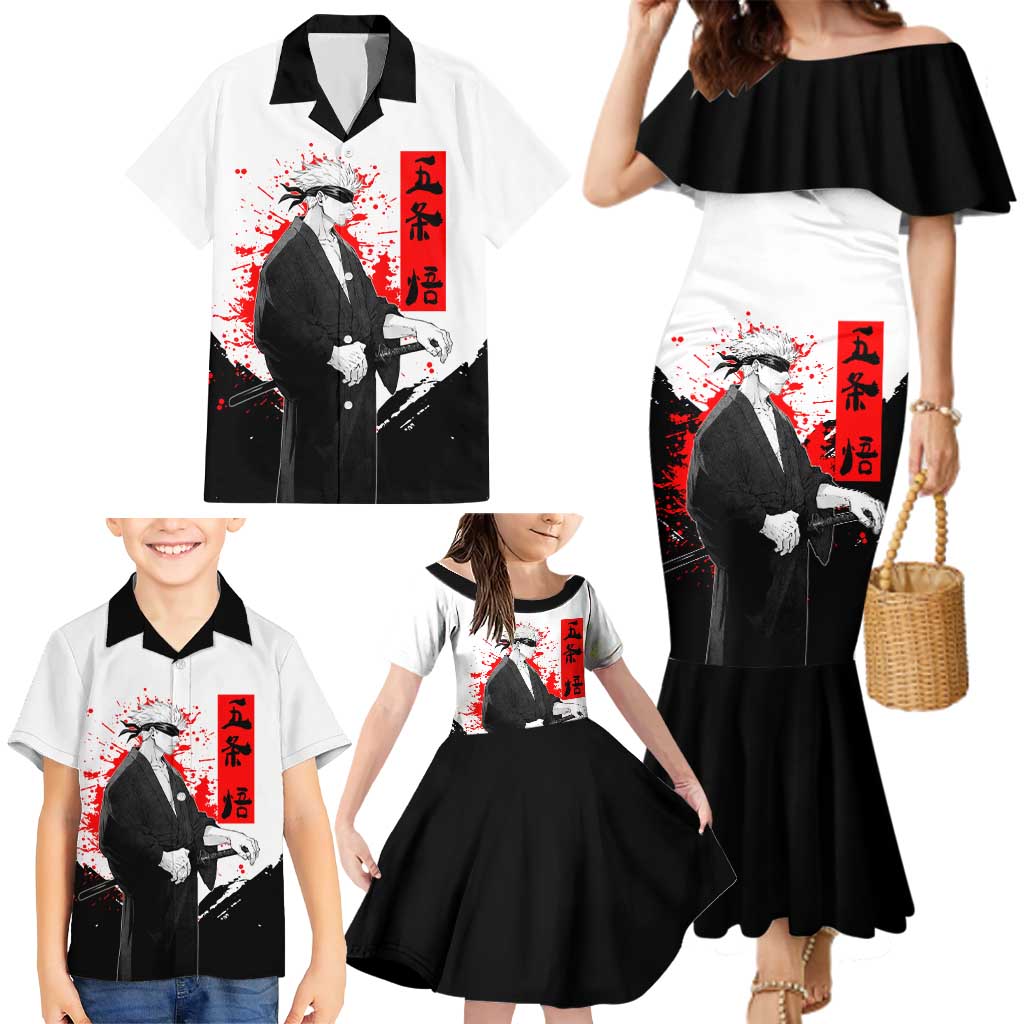 Satoru Gojo Jujutsu Kaisen Samurai Style Family Matching Mermaid Dress and Hawaiian Shirt with Katana, Red Kanji and Oni Mask Illustration