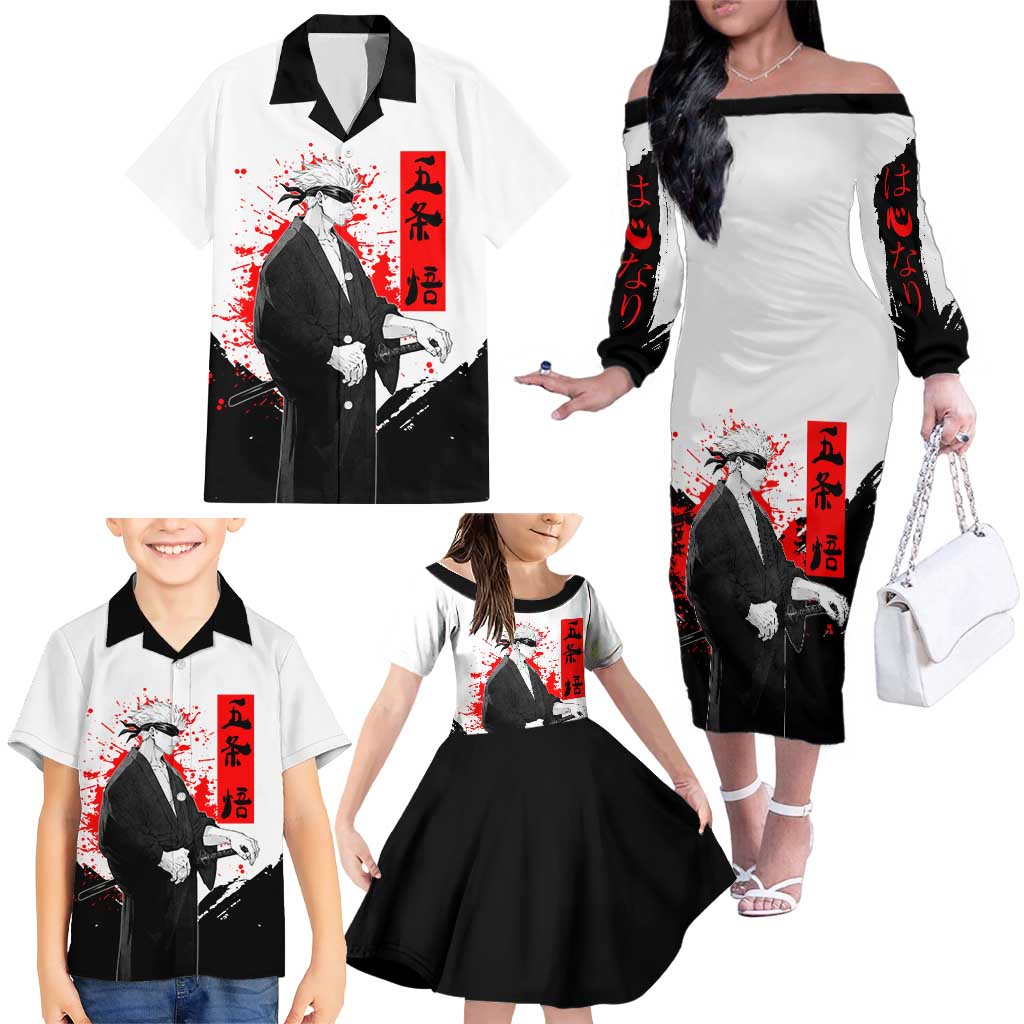 Satoru Gojo Jujutsu Kaisen Samurai Style Family Matching Off The Shoulder Long Sleeve Dress and Hawaiian Shirt with Katana, Red Kanji and Oni Mask Illustration