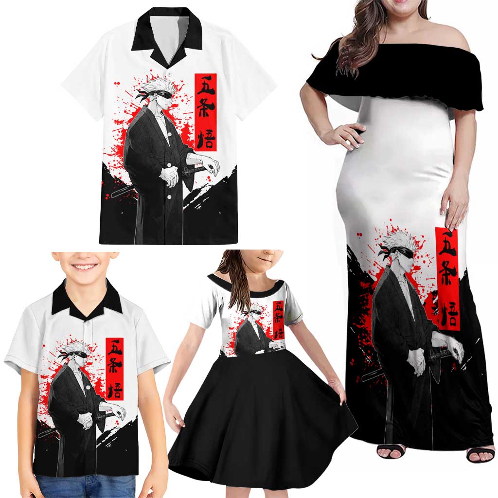 Satoru Gojo Jujutsu Kaisen Samurai Style Family Matching Off Shoulder Maxi Dress and Hawaiian Shirt with Katana, Red Kanji and Oni Mask Illustration
