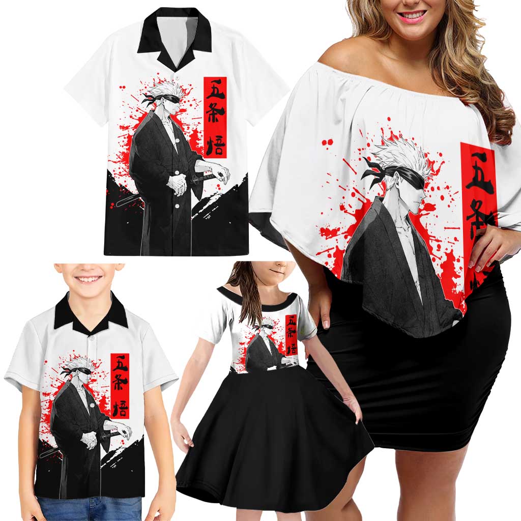 Satoru Gojo Jujutsu Kaisen Samurai Style Family Matching Off Shoulder Short Dress and Hawaiian Shirt with Katana, Red Kanji and Oni Mask Illustration