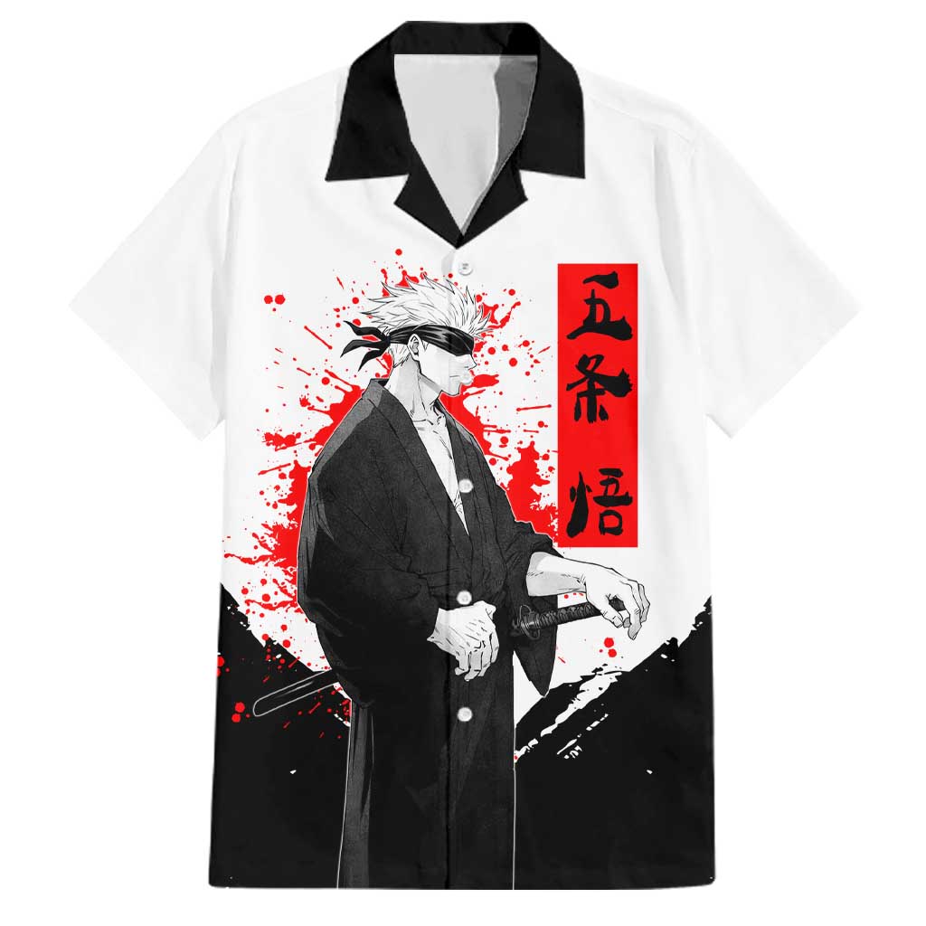 Satoru Gojo Jujutsu Kaisen Samurai Style Family Matching Off Shoulder Short Dress and Hawaiian Shirt with Katana, Red Kanji and Oni Mask Illustration