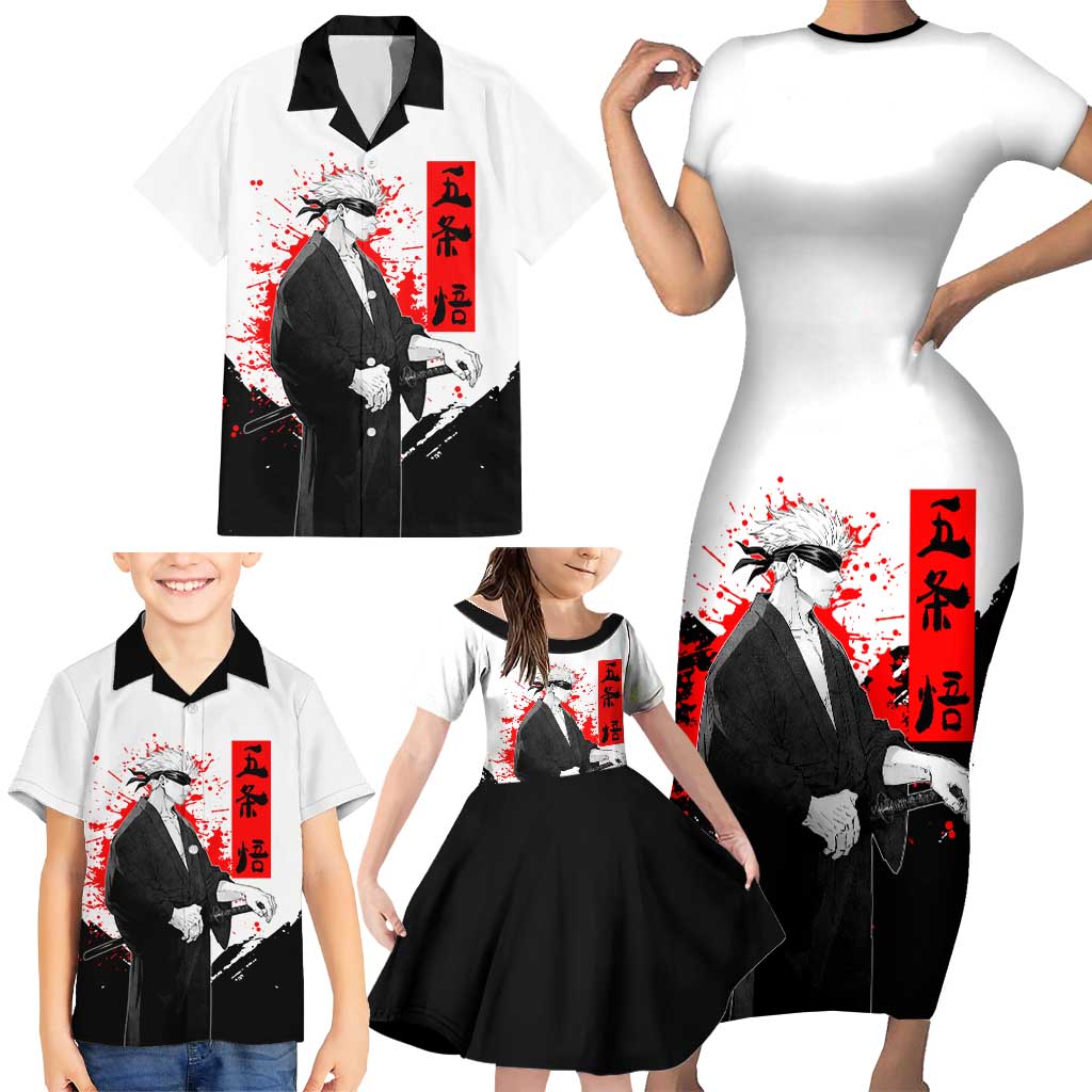 Satoru Gojo Jujutsu Kaisen Samurai Style Family Matching Short Sleeve Bodycon Dress and Hawaiian Shirt with Katana, Red Kanji and Oni Mask Illustration