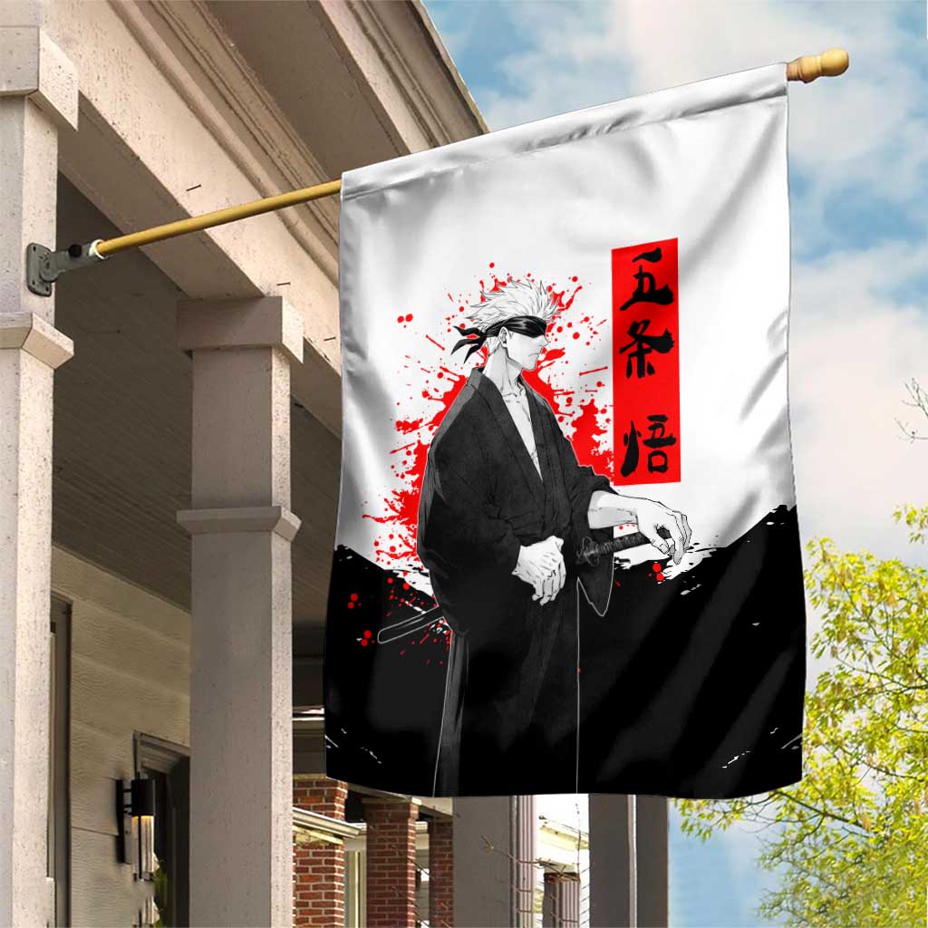 Satoru Gojo Jujutsu Kaisen Samurai Style Garden Flag with Katana, Red Kanji and Oni Mask Illustration - The Mazicc