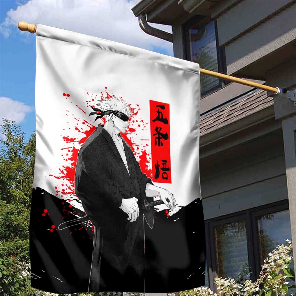 Satoru Gojo Jujutsu Kaisen Samurai Style Garden Flag with Katana, Red Kanji and Oni Mask Illustration - The Mazicc