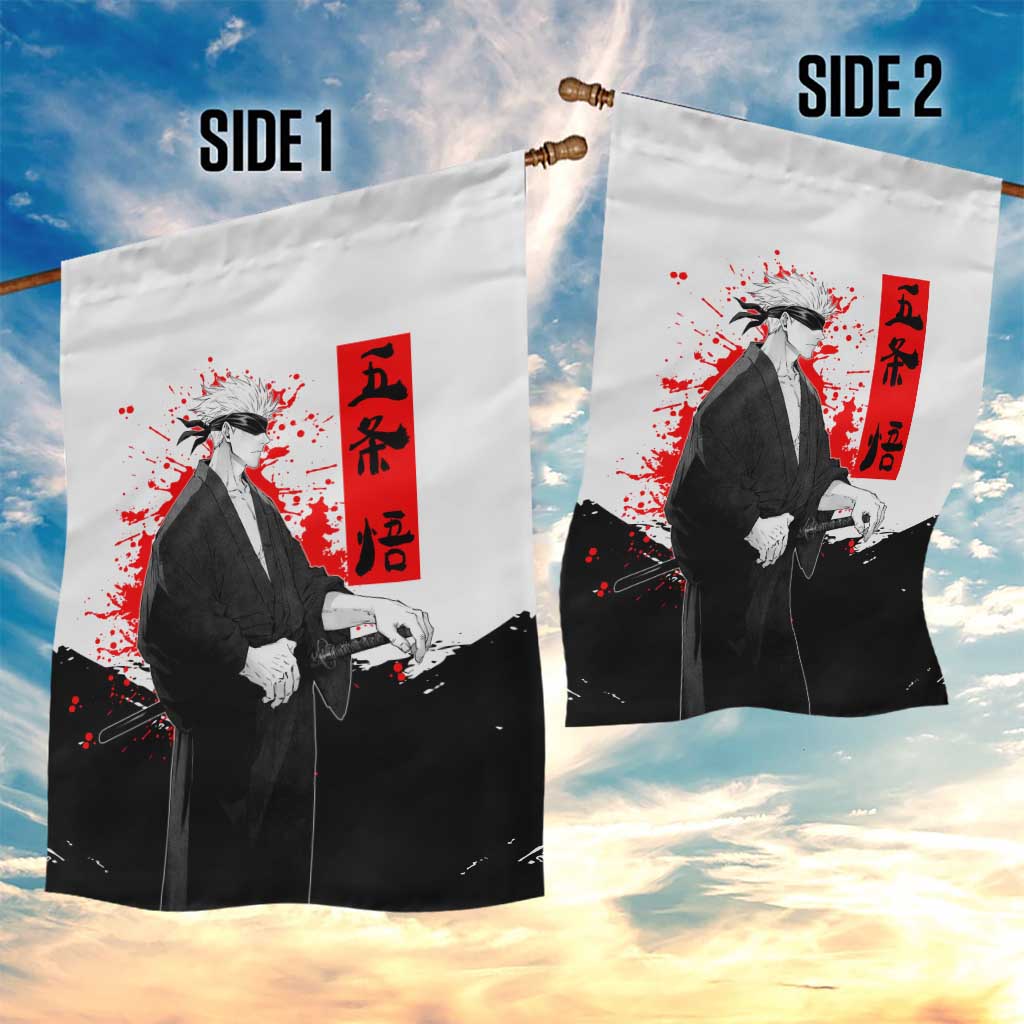 Satoru Gojo Jujutsu Kaisen Samurai Style Garden Flag with Katana, Red Kanji and Oni Mask Illustration - The Mazicc