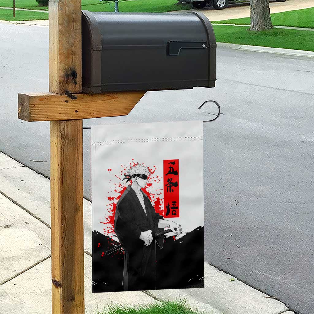 Satoru Gojo Jujutsu Kaisen Samurai Style Garden Flag with Katana, Red Kanji and Oni Mask Illustration - The Mazicc