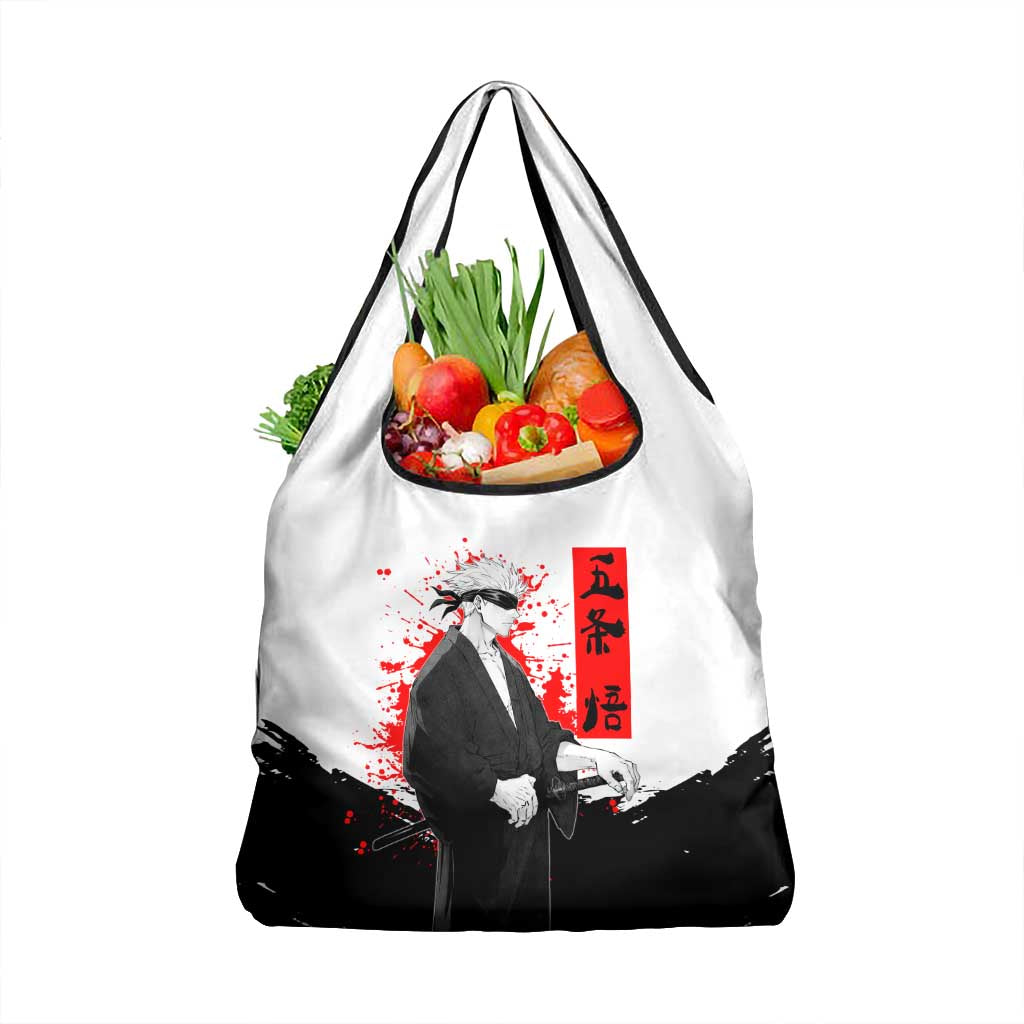 Satoru Gojo Jujutsu Kaisen Samurai Style Grocery Bag with Katana, Red Kanji and Oni Mask Illustration - The Mazicc