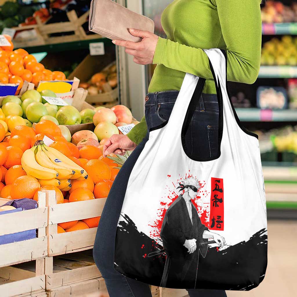 Satoru Gojo Jujutsu Kaisen Samurai Style Grocery Bag with Katana, Red Kanji and Oni Mask Illustration - The Mazicc