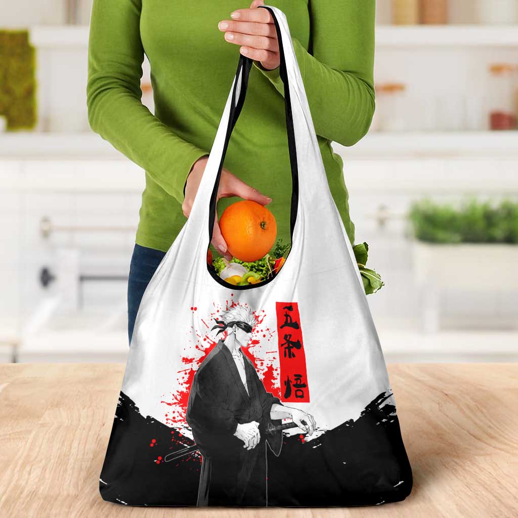 Satoru Gojo Jujutsu Kaisen Samurai Style Grocery Bag with Katana, Red Kanji and Oni Mask Illustration - The Mazicc