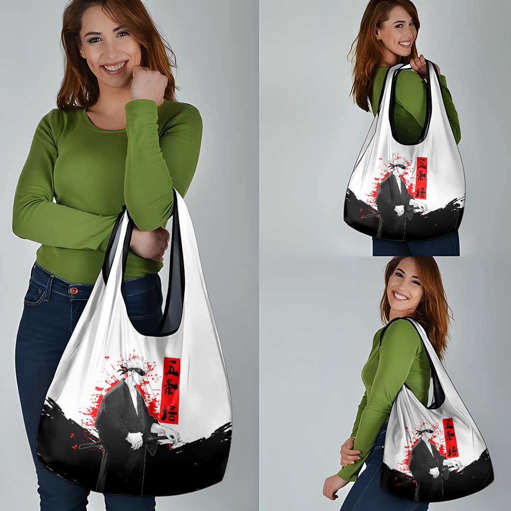 Satoru Gojo Jujutsu Kaisen Samurai Style Grocery Bag with Katana, Red Kanji and Oni Mask Illustration - The Mazicc
