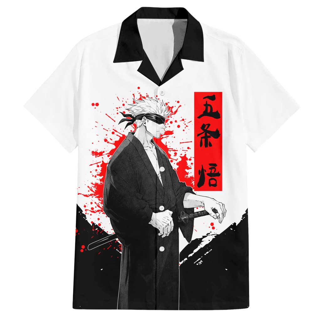 Satoru Gojo Jujutsu Kaisen Samurai Style Hawaiian Shirt with Katana, Red Kanji and Oni Mask Illustration - The Mazicc