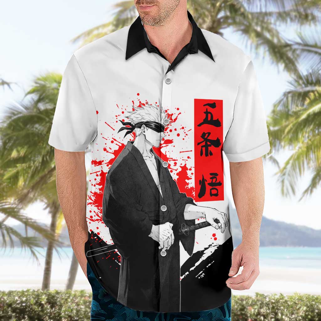 Satoru Gojo Jujutsu Kaisen Samurai Style Hawaiian Shirt with Katana, Red Kanji and Oni Mask Illustration - The Mazicc