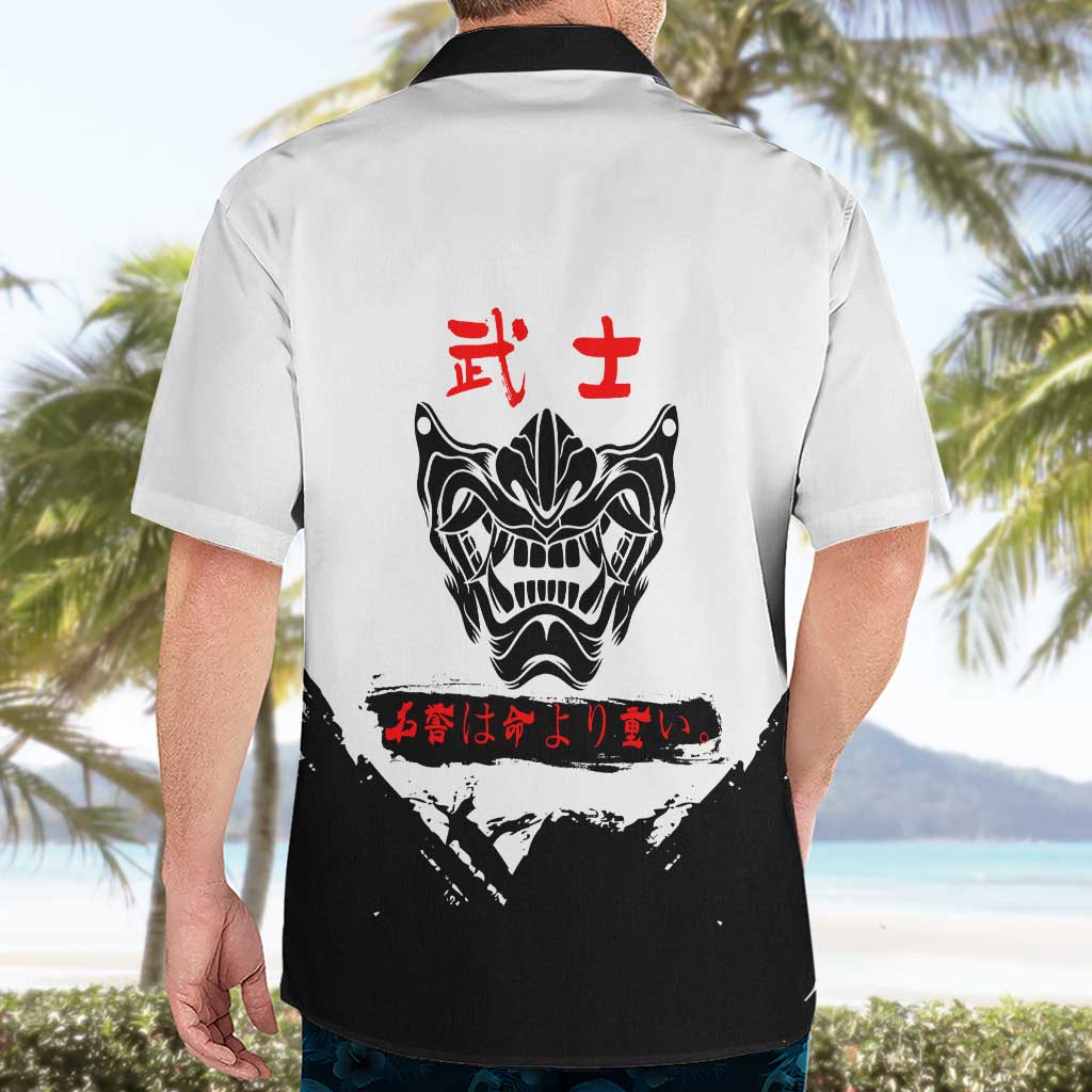 Satoru Gojo Jujutsu Kaisen Samurai Style Hawaiian Shirt with Katana, Red Kanji and Oni Mask Illustration - The Mazicc