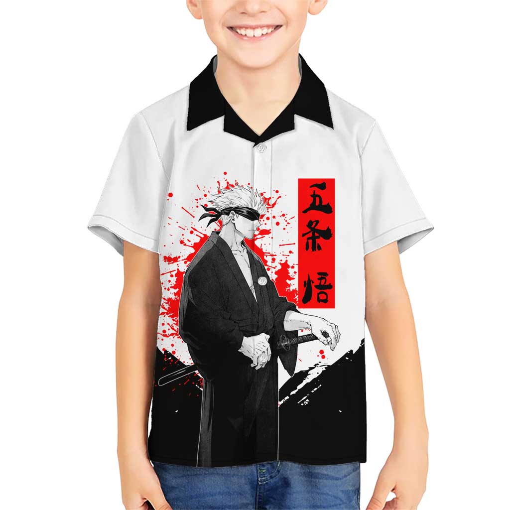 Satoru Gojo Jujutsu Kaisen Samurai Style Hawaiian Shirt with Katana, Red Kanji and Oni Mask Illustration - The Mazicc