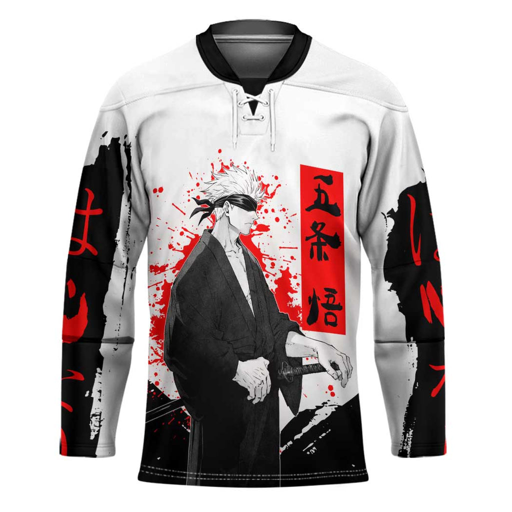 Satoru Gojo Jujutsu Kaisen Samurai Style Hockey Jersey with Katana, Red Kanji and Oni Mask Illustration - The Mazicc
