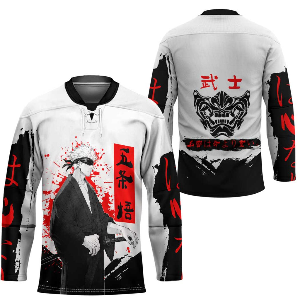 Satoru Gojo Jujutsu Kaisen Samurai Style Hockey Jersey with Katana, Red Kanji and Oni Mask Illustration - The Mazicc