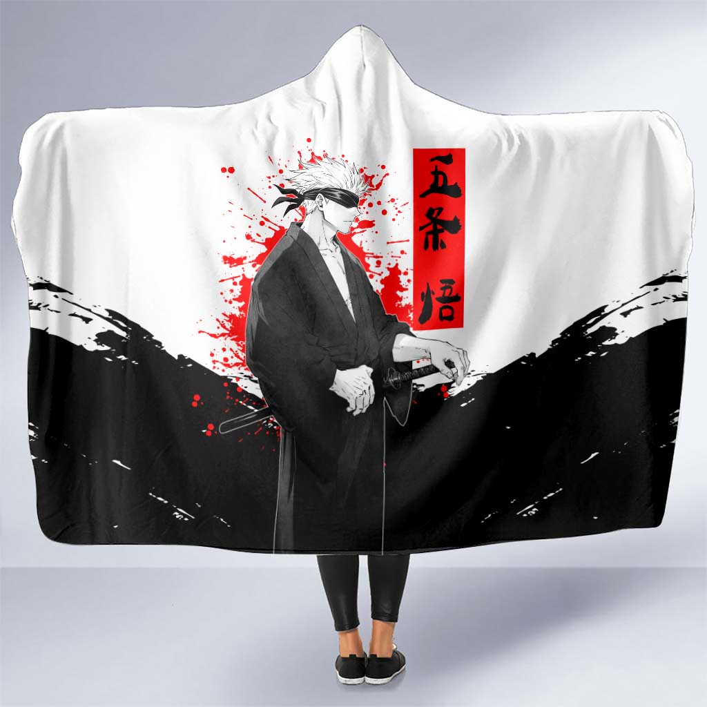 Satoru Gojo Jujutsu Kaisen Samurai Style Hooded Blanket with Katana, Red Kanji and Oni Mask Illustration - The Mazicc