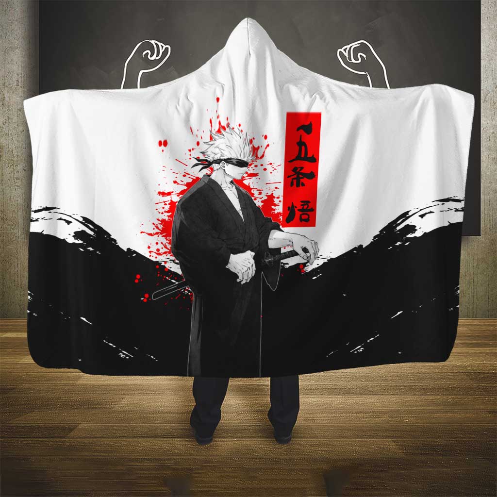 Satoru Gojo Jujutsu Kaisen Samurai Style Hooded Blanket with Katana, Red Kanji and Oni Mask Illustration - The Mazicc