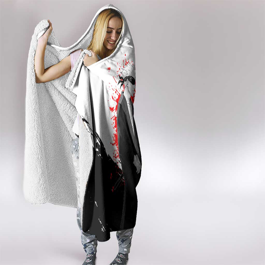 Satoru Gojo Jujutsu Kaisen Samurai Style Hooded Blanket with Katana, Red Kanji and Oni Mask Illustration - The Mazicc